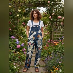 Upcycled Floral Patchwork Denim Overalls By ThreadsReclaimed Size MD